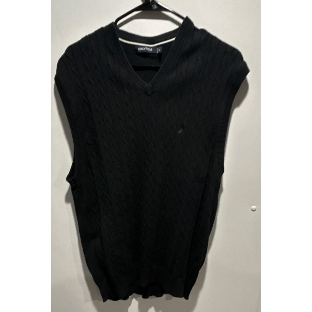 Nautica Cable-Knit Sweater Vest Black V-Neck XL Logo Cotton Men